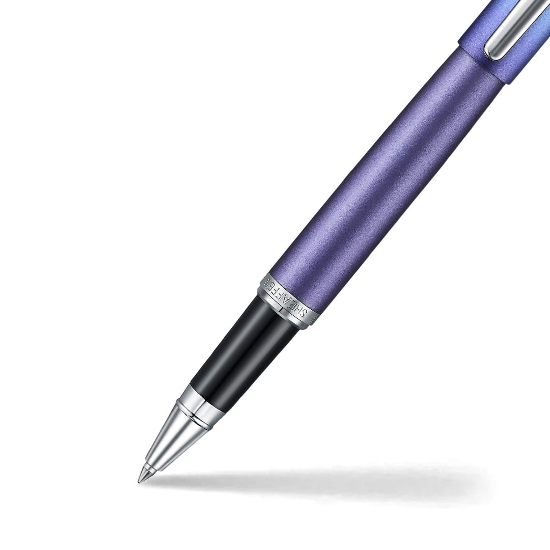 Sheaffer VFM 9430 Expressions Blue and Purple Pearlised Gradient Rollerball Pen with Chrome-Plated Trims barrel and tip section 