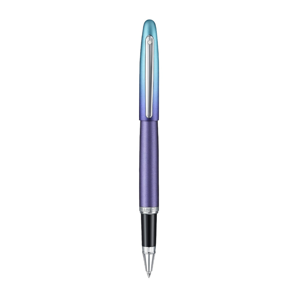 Sheaffer VFM 9430 Expressions Blue and Purple Pearlised Gradient Rollerball Pen with Chrome-Plated Trims full upright view