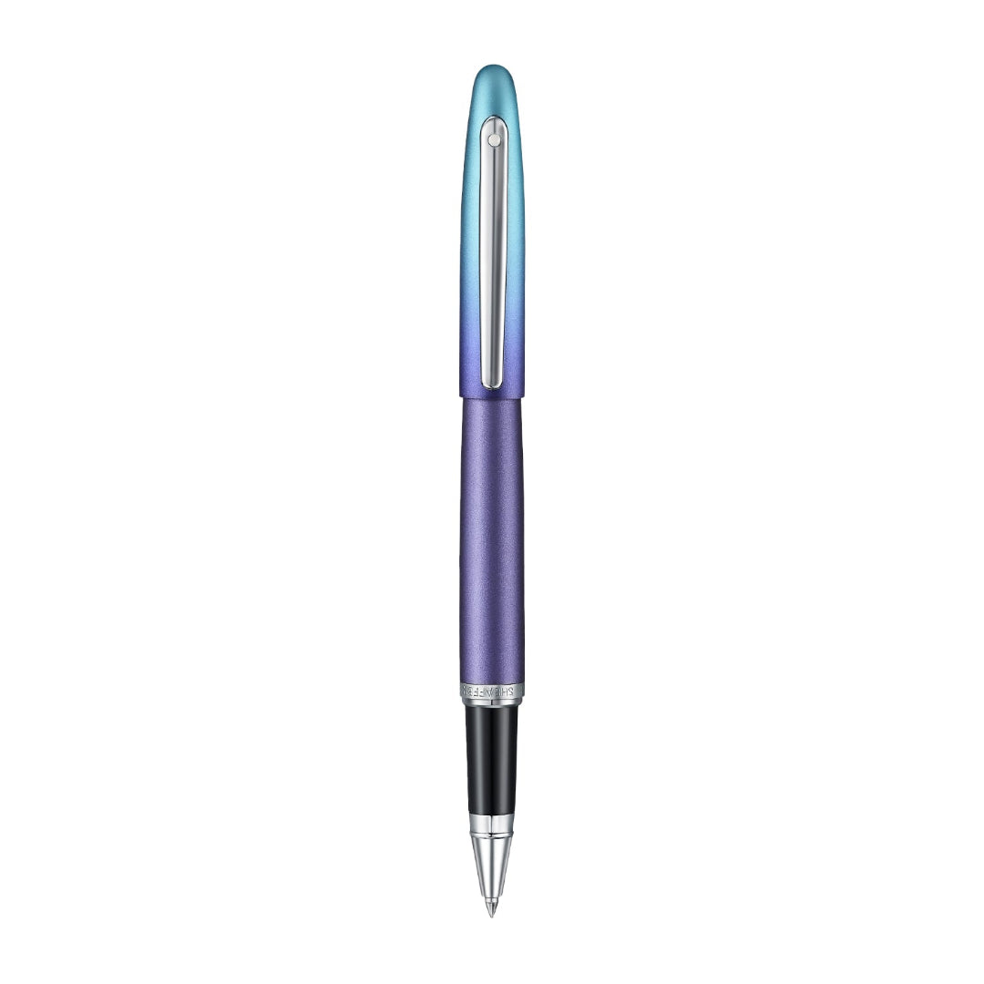 Sheaffer VFM 9430 Expressions Blue and Purple Pearlised Gradient Rollerball Pen with Chrome-Plated Trims full upright view