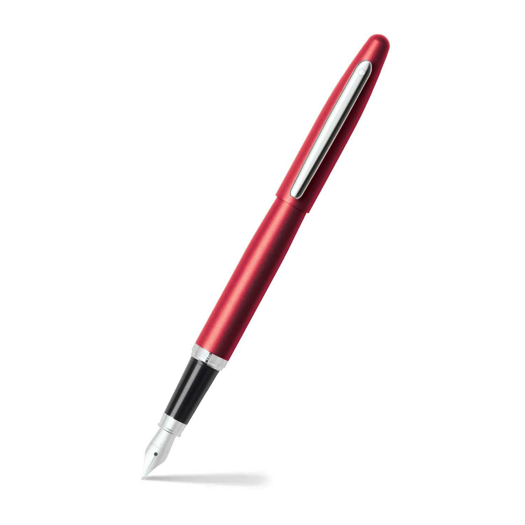 Sheaffer VFM  Excessive Red Fountain Pen With Chrome Trims angled writing shot