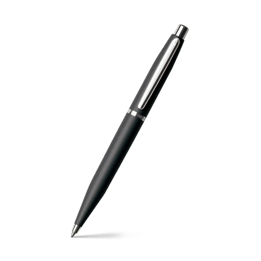 Sheaffer VFM Matte Black Ballpoint Pen With Chrome Trims angled writing shot
