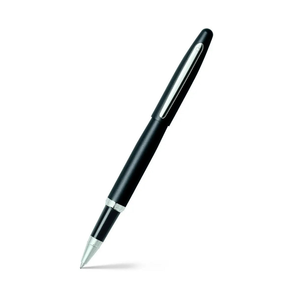 Sheaffer VFM Matte Black Rollerball Pen With Chrome Trims angled writing shot