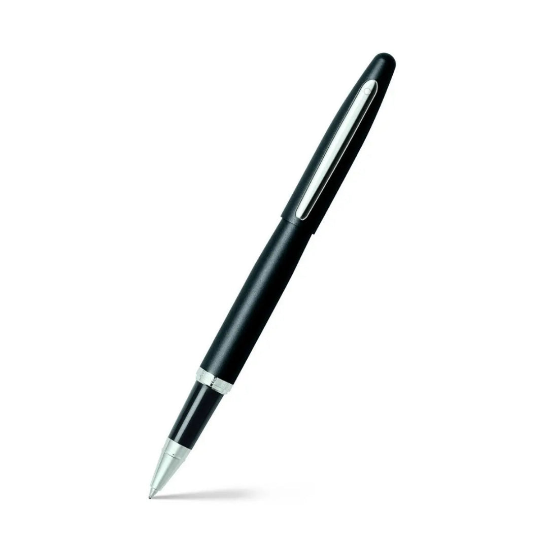 Sheaffer VFM Matte Black Rollerball Pen With Chrome Trims angled writing shot