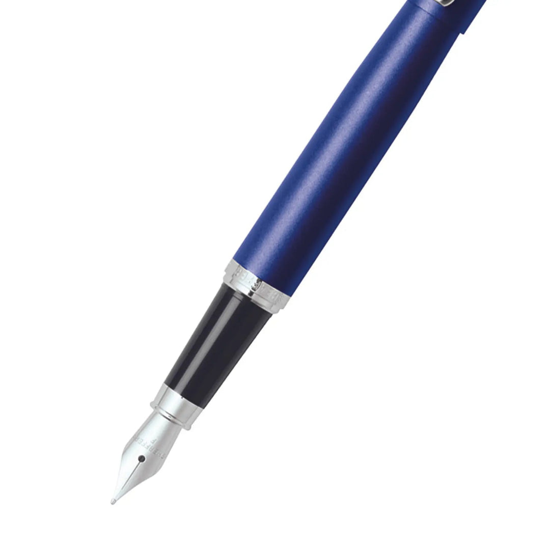 Sheaffer VFM Neon Blue Fountain Pen With Chrome Trims barrel and tip section