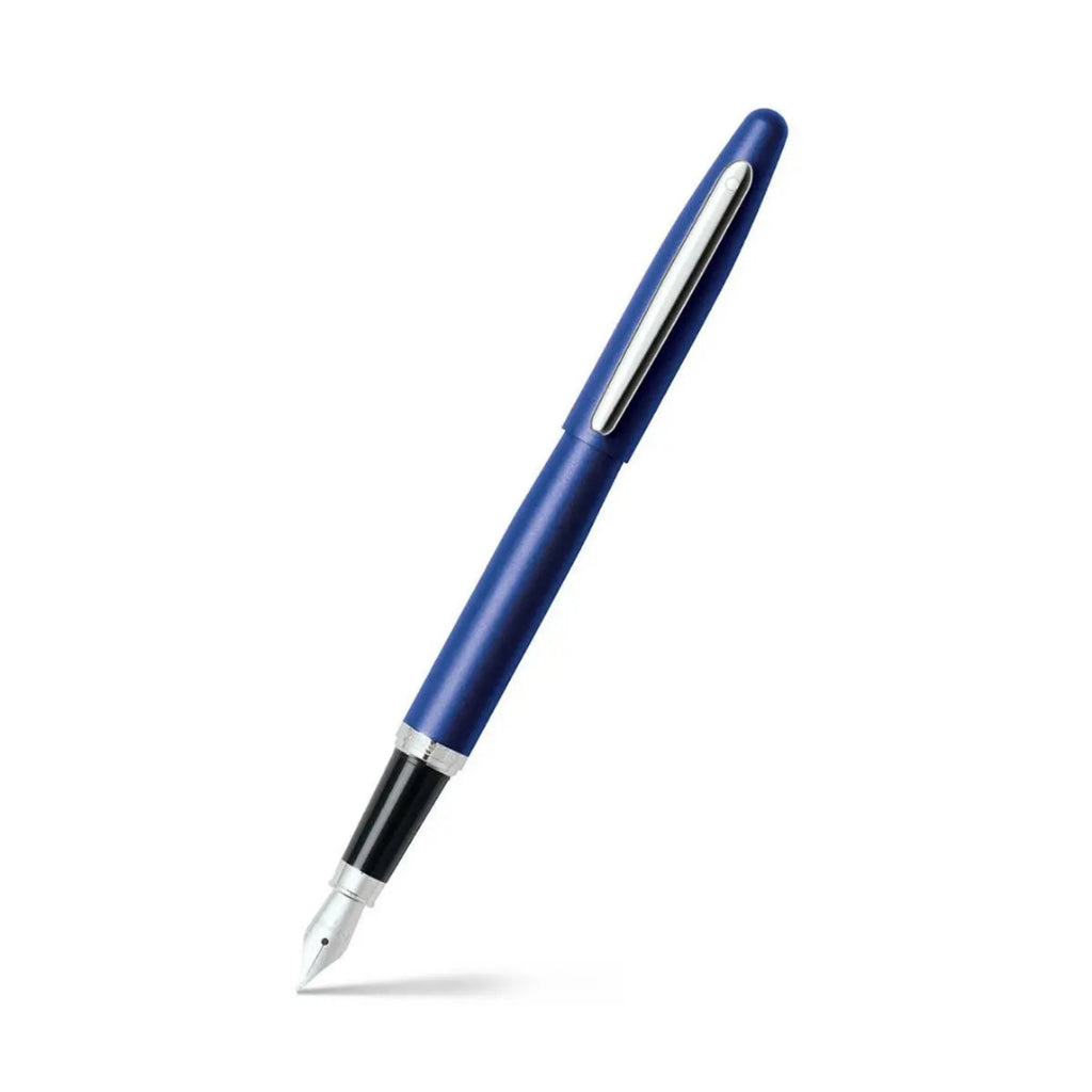 Sheaffer VFM Neon Blue Fountain Pen With Chrome Trims angled writing shot