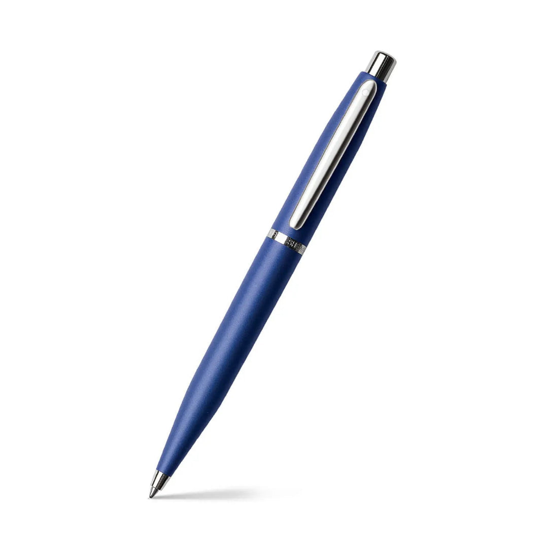 Sheaffer VFM Neon Blue with Chrome trims Ballpoint Pen angled writing shot