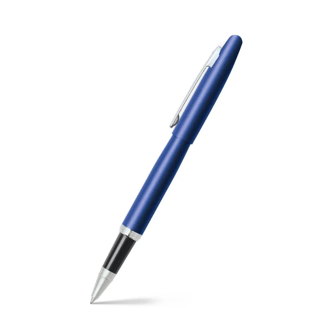 Sheaffer VFM Neon Blue with Chrome trims Rollerball Pen angled writing shot