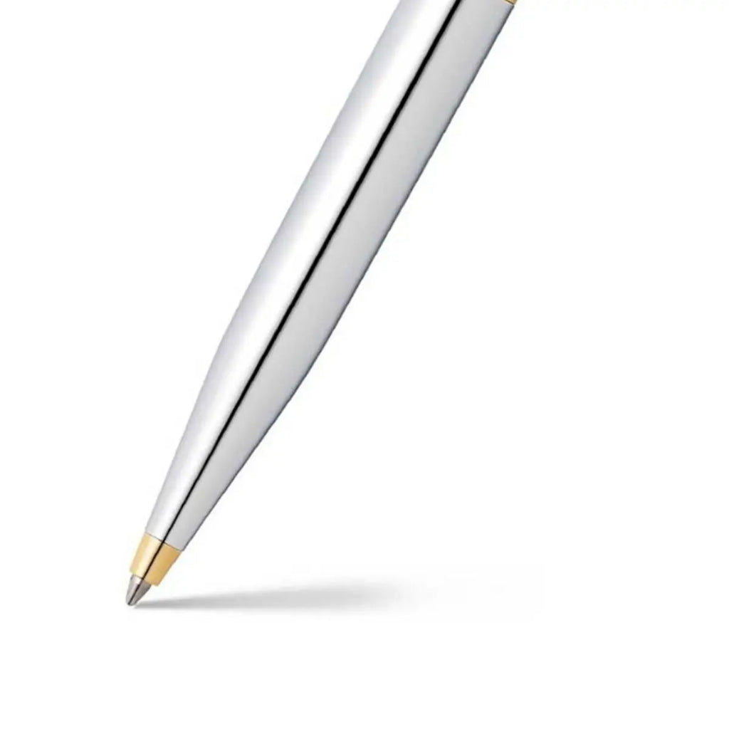 Sheaffer VFM Polished Chrome Ballpoint Pen With Gold Trims barrel and tip details