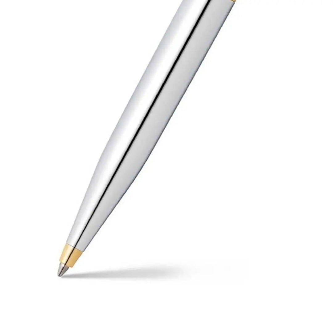Sheaffer VFM Polished Chrome Ballpoint Pen With Gold Trims barrel and tip details