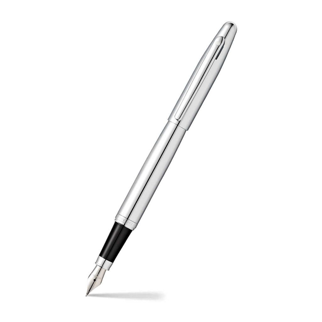 Sheaffer VFM Polished Chrome Fountain Pen With Chrome Trims angled writing shot