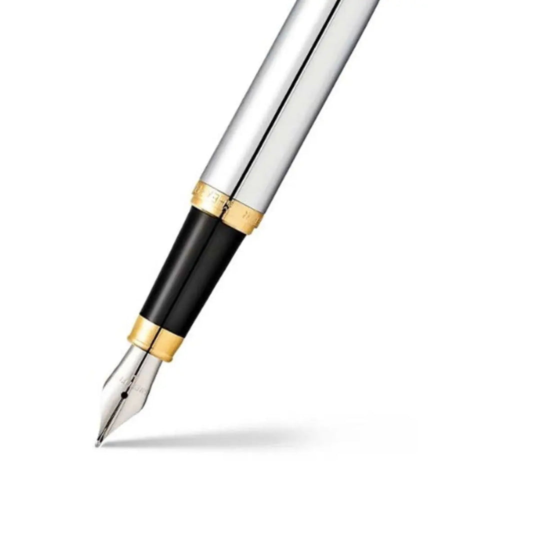 Sheaffer VFM Polished Chrome Fountain Pen With Gold Trims barrel and tip section