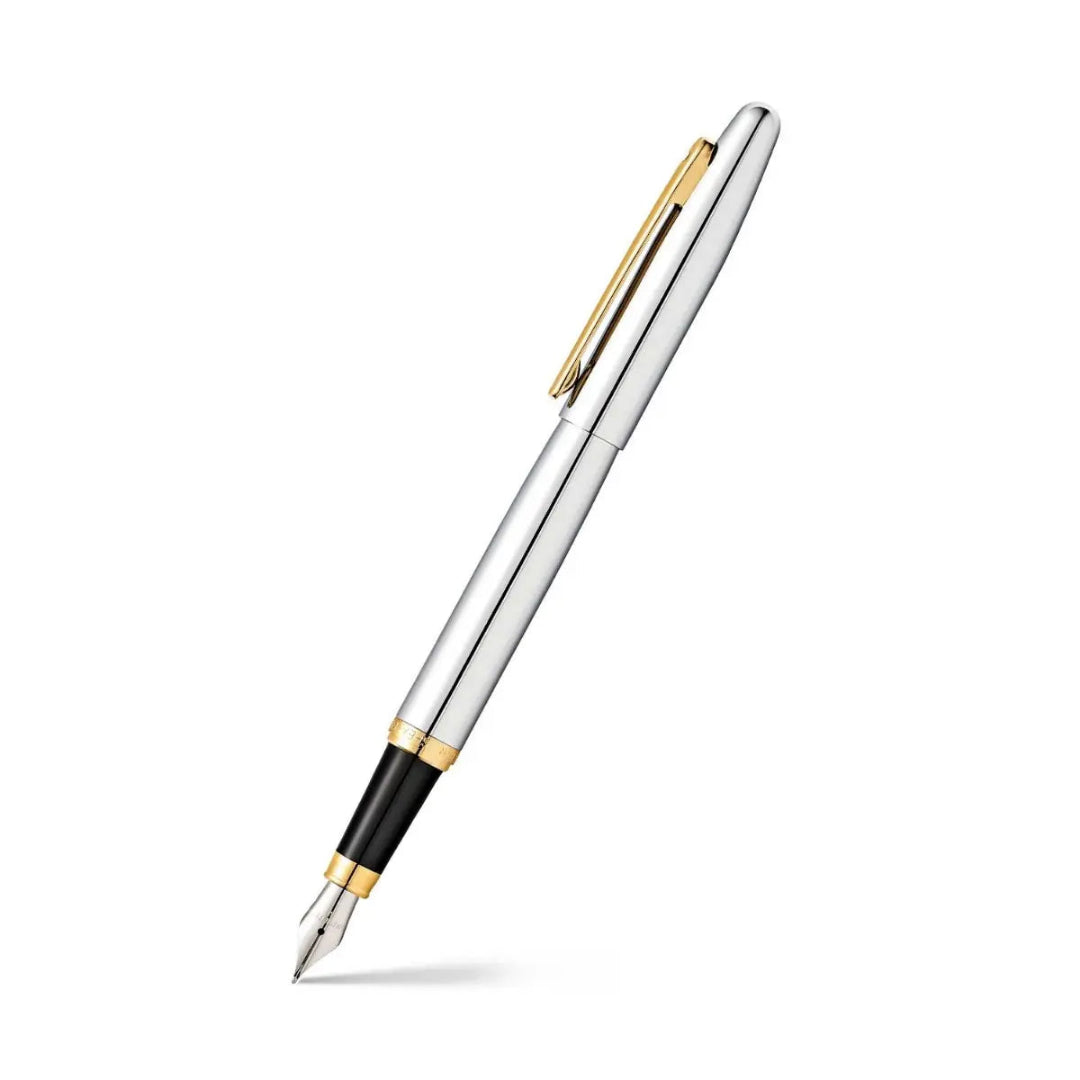 Sheaffer VFM Polished Chrome Fountain Pen With Gold Trims angled writing shot