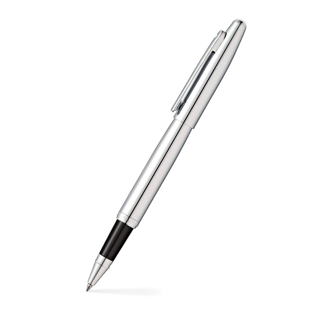 Sheaffer VFM Polished Chrome Rollerball Pen With Chrome Trims angled writing shot