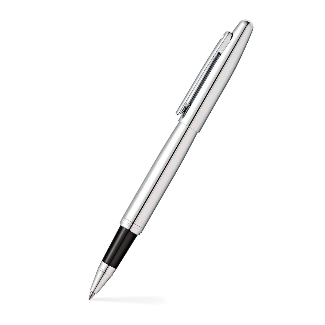 Sheaffer VFM Polished Chrome Rollerball Pen With Chrome Trims angled writing shot