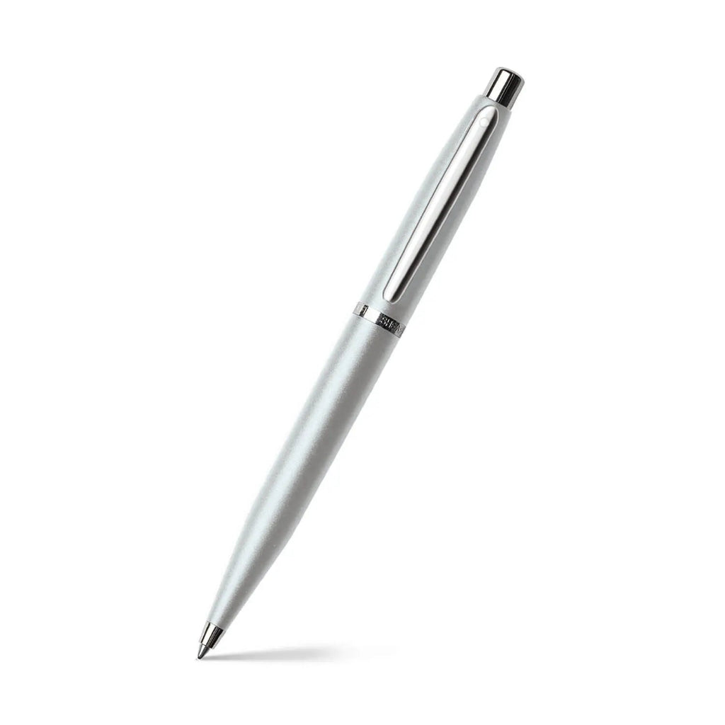 Sheaffer VFM Strobe Silver Ballpoint Pen with Chrome Trims angled writing shot