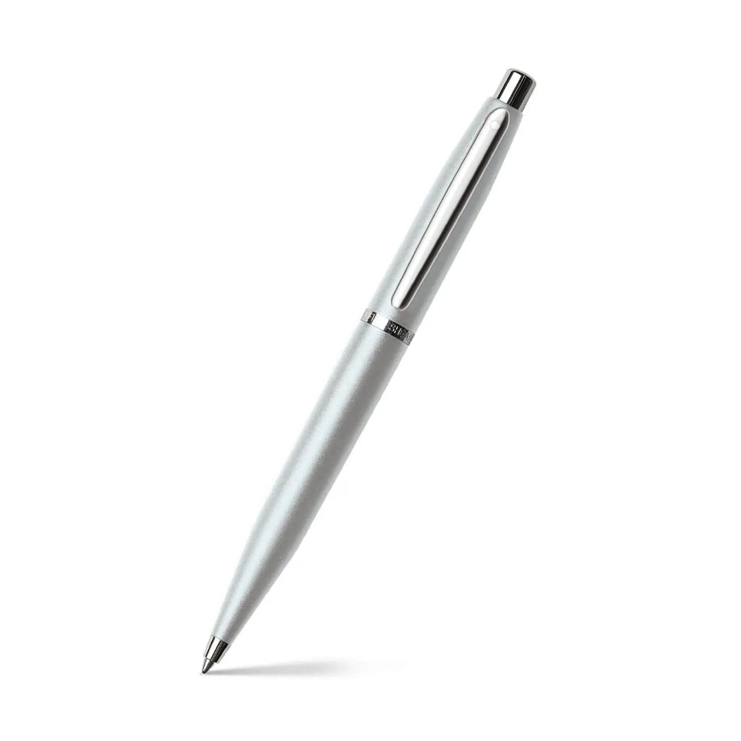 Sheaffer VFM Strobe Silver Ballpoint Pen with Chrome Trims angled writing shot